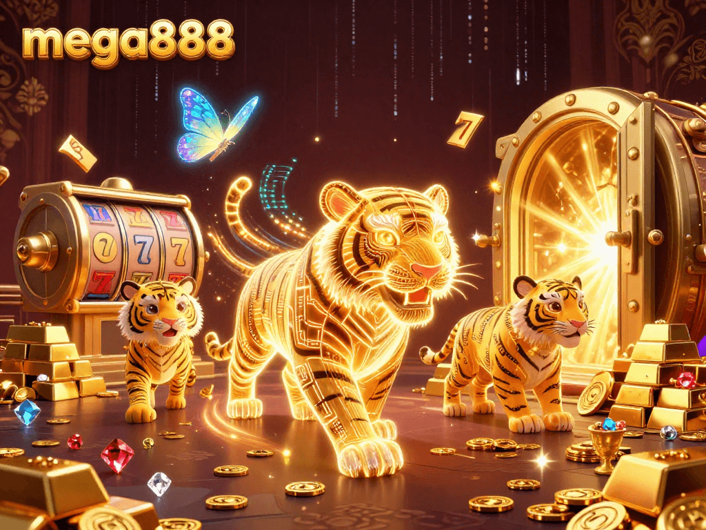 Permainan slot mega888 dengan harimau emas bercahaya di kasino digital.