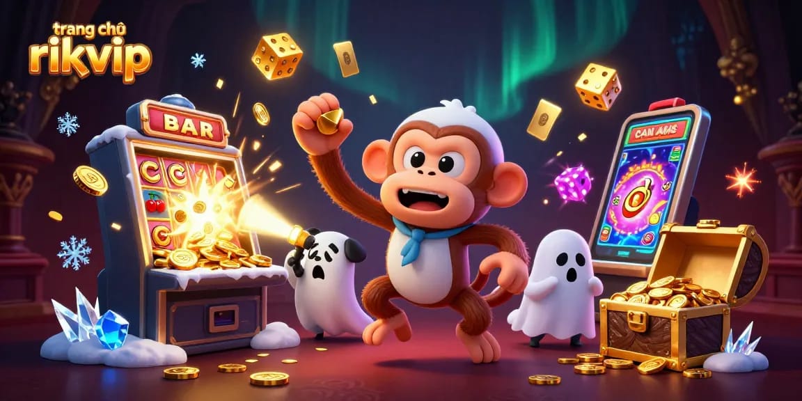 Engage with the thrilling world of trang chủ rikvip, as a mischievous poltergeist monkey juggles gold in a dynamic haunted casino scene.