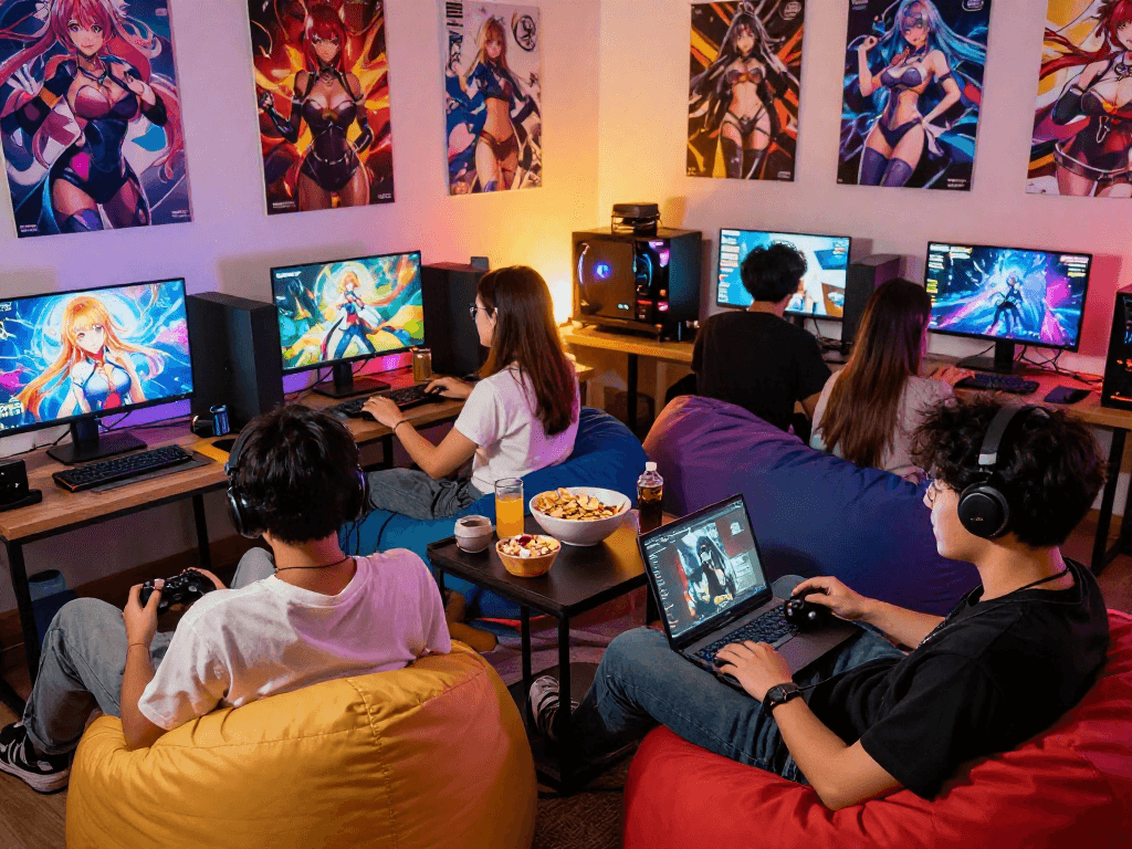 Engaged gamers enjoying various hentai games in a cozy lounge, showcasing vibrant atmosphere and camaraderie.