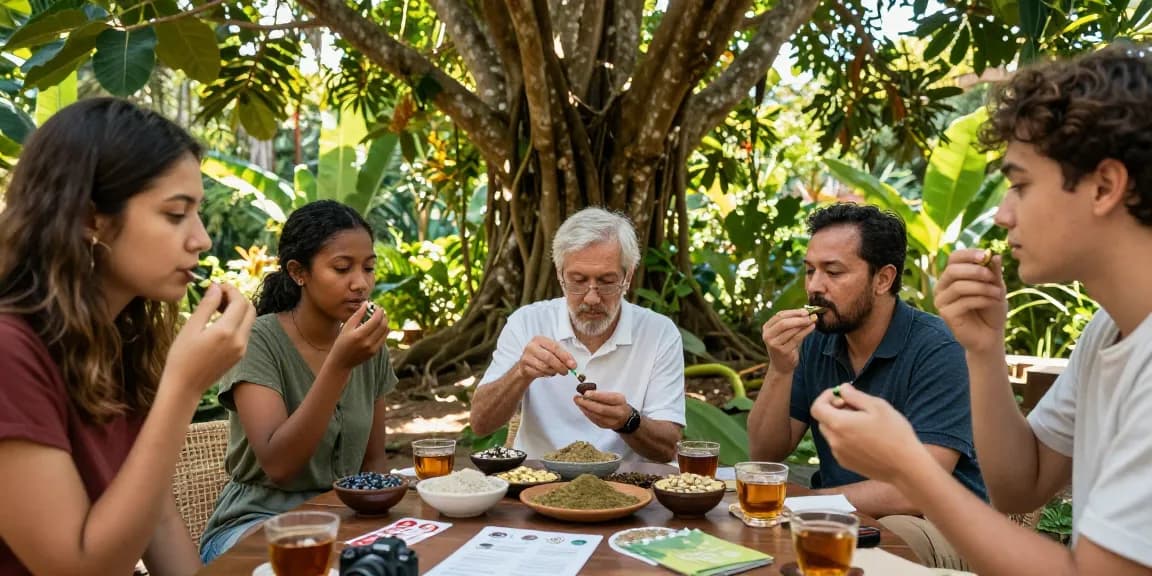Shop green Malay Kratom at Happy Go Leafy in a vibrant garden, showcasing community members discussing Kratom benefits with powder and capsules.