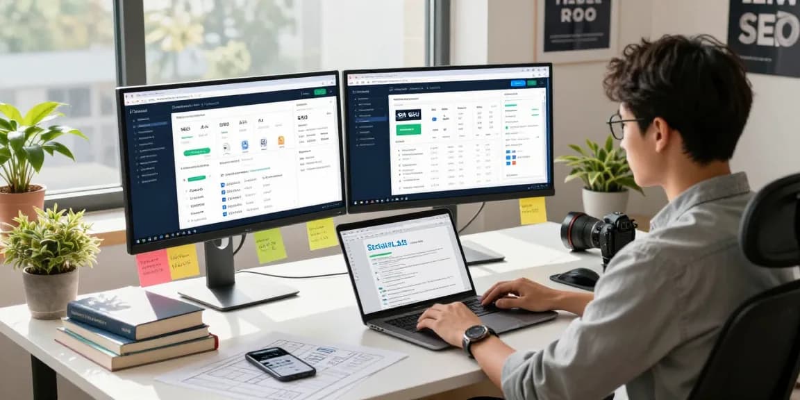 SEO specialist using AI SEO tools in a vibrant marketing workspace, showcasing modern setup and analytics