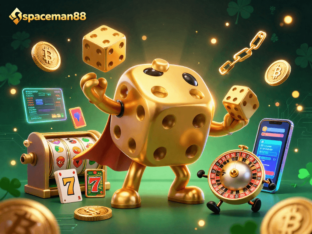 Spin to win with spaceman88's dazzling dice golem in an action-packed casino scene!