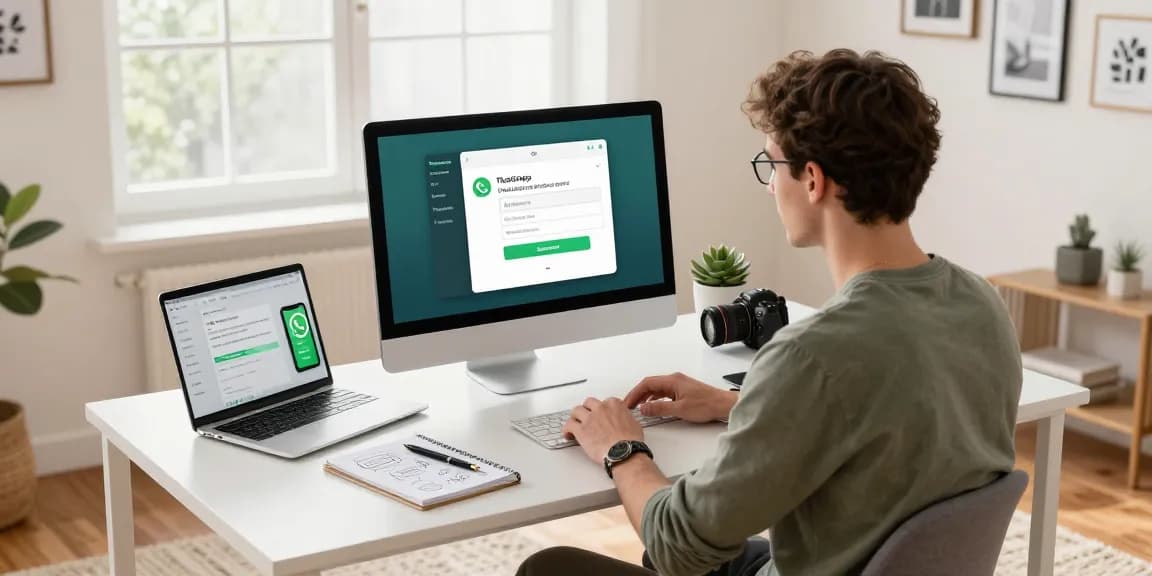 WhatsApp下載 on a modern home office setup with smartphone and laptop notifications