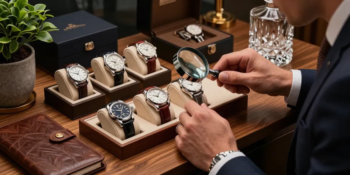 Explore exquisite clone watches displayed in a luxury setting with a person examining intricate details.