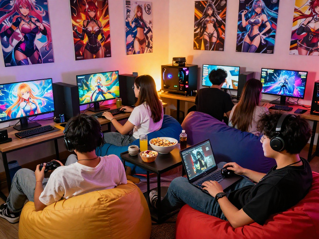 Engaged gamers enjoying various hentai games in a cozy lounge, showcasing vibrant atmosphere and camaraderie.