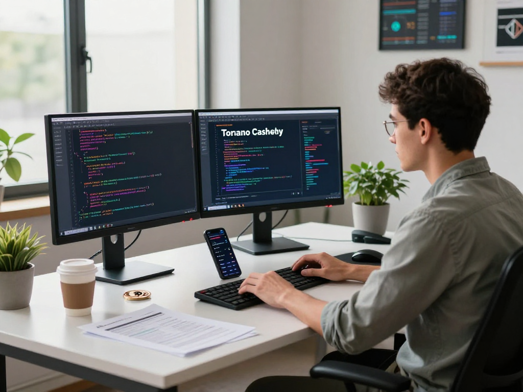 Developer working on tornardocash at a modern crypto workspace with vibrant screens and natural light.