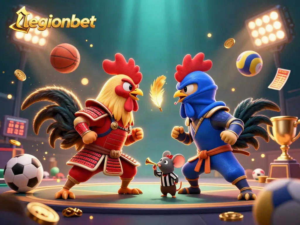 Engage with legionbet's sports betting excitement featuring dynamic cartoon roosters and flying sports elements.