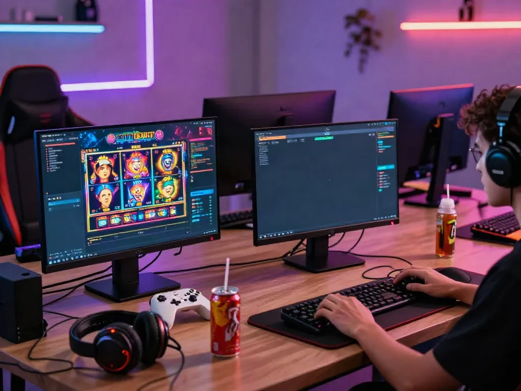Engaged user playing on DEBET platform with vibrant gaming graphics.