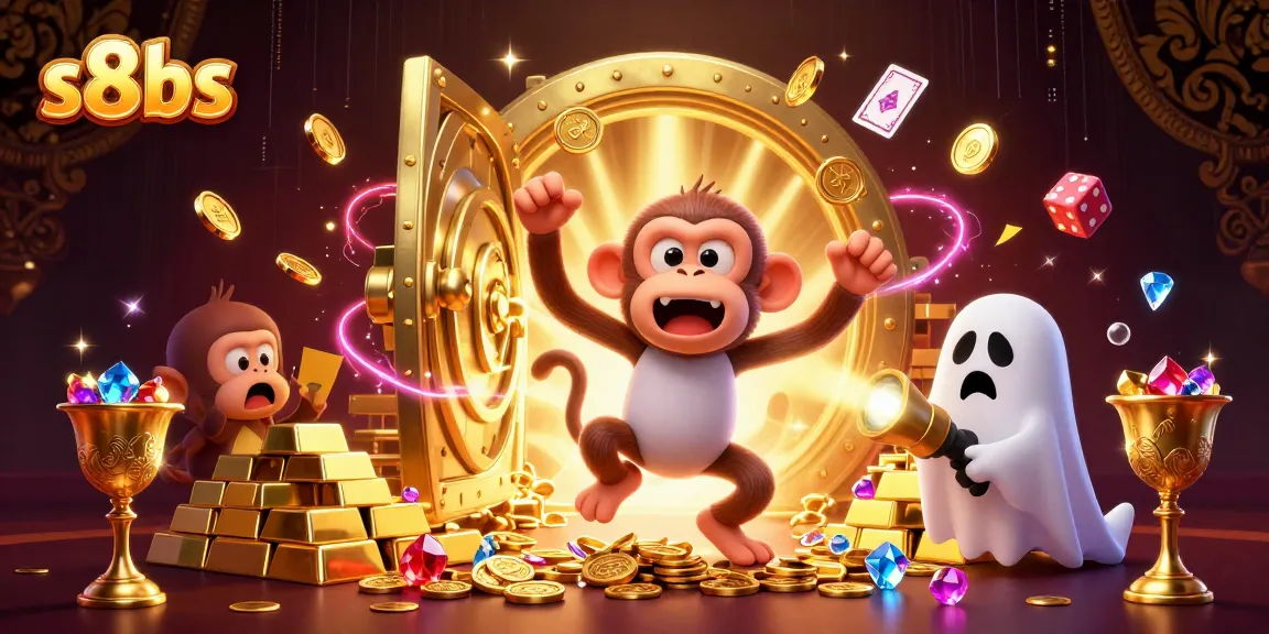 Watch the mischievous s8bs poltergeist monkey juggle golden treasures in a thrilling casino scene.