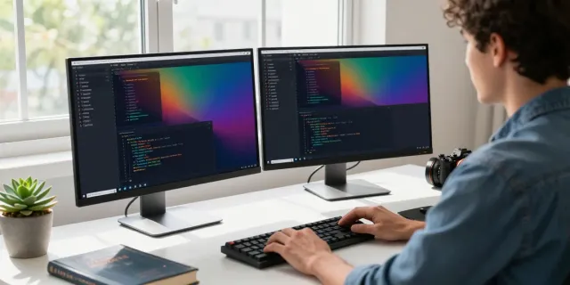Developer using instant indexing tools on dual monitors in a modern workspace.