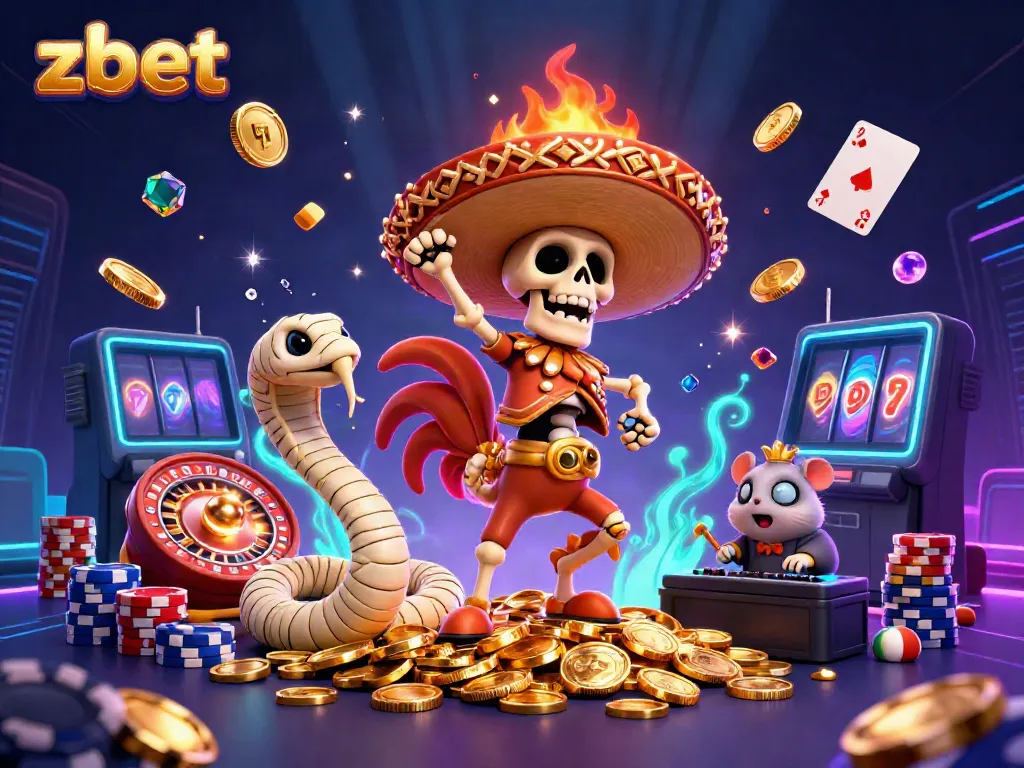 Experience winning moments at ZBET with vibrant 3D casino elements and characters celebrating on golden coins.