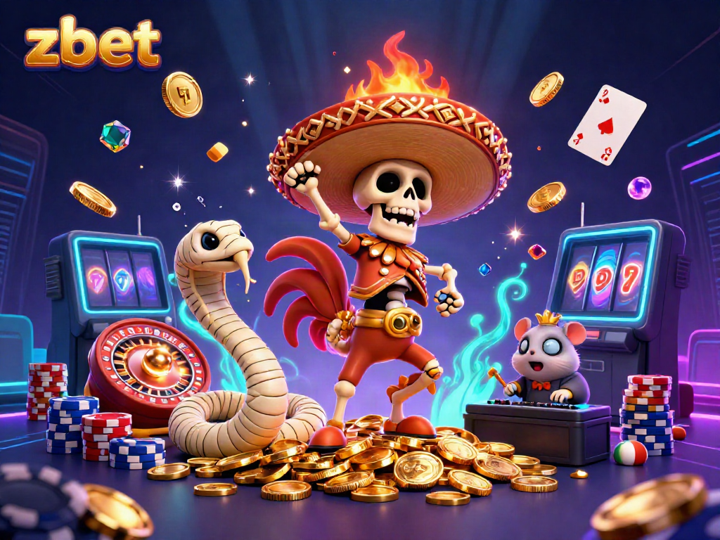 Experience winning moments at ZBET with vibrant 3D casino elements and characters celebrating on golden coins.