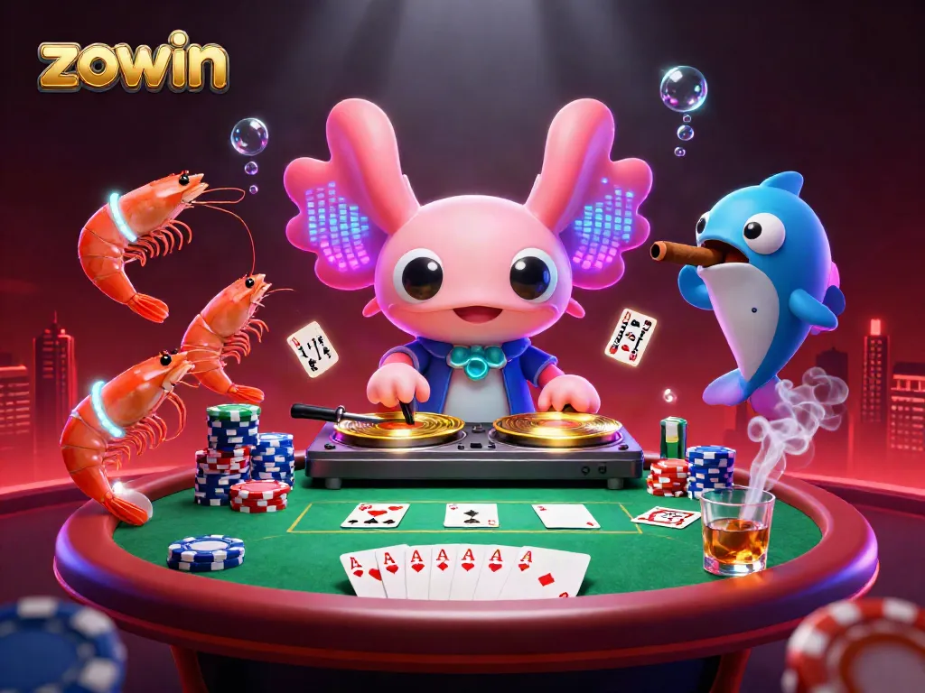 Zowin showcases vibrant casino gaming with neon axolotl DJ, poker elements, and colorful aquatic characters.