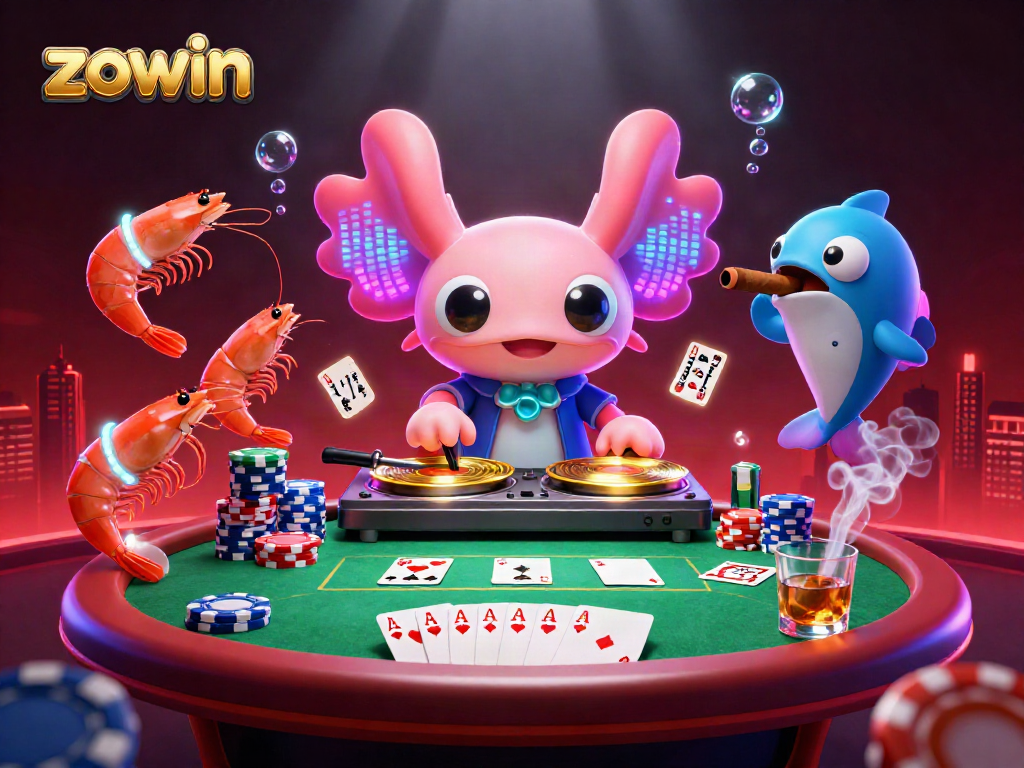 Zowin showcases vibrant casino gaming with neon axolotl DJ, poker elements, and colorful aquatic characters.