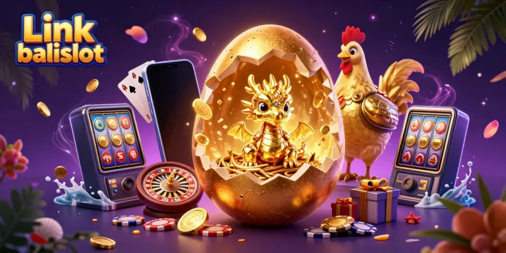 Engage with Link balislot through a vibrant 3D illustration depicting a golden egg revealing a dragon on poker chips, symbolizing luck.