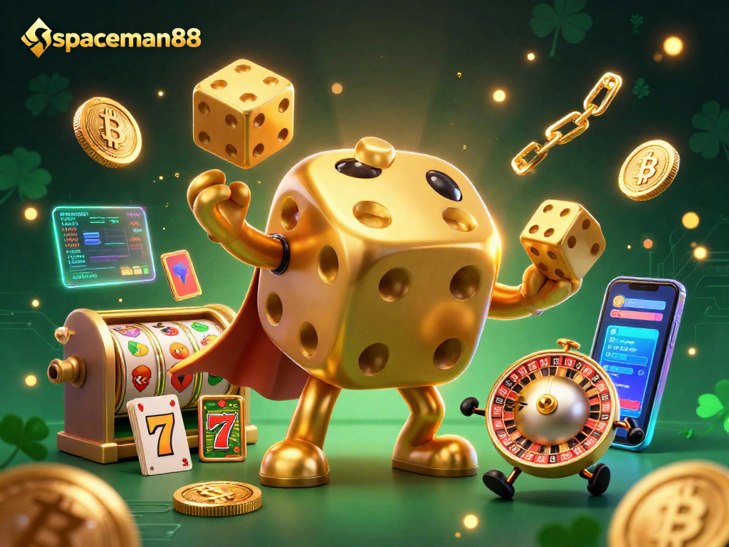 Spin to win with spaceman88's dazzling dice golem in an action-packed casino scene!