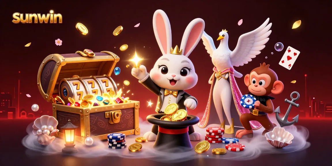 Spin and win at sunwin with 3D characters, golden coins, and slot elements in a vibrant casino scene.