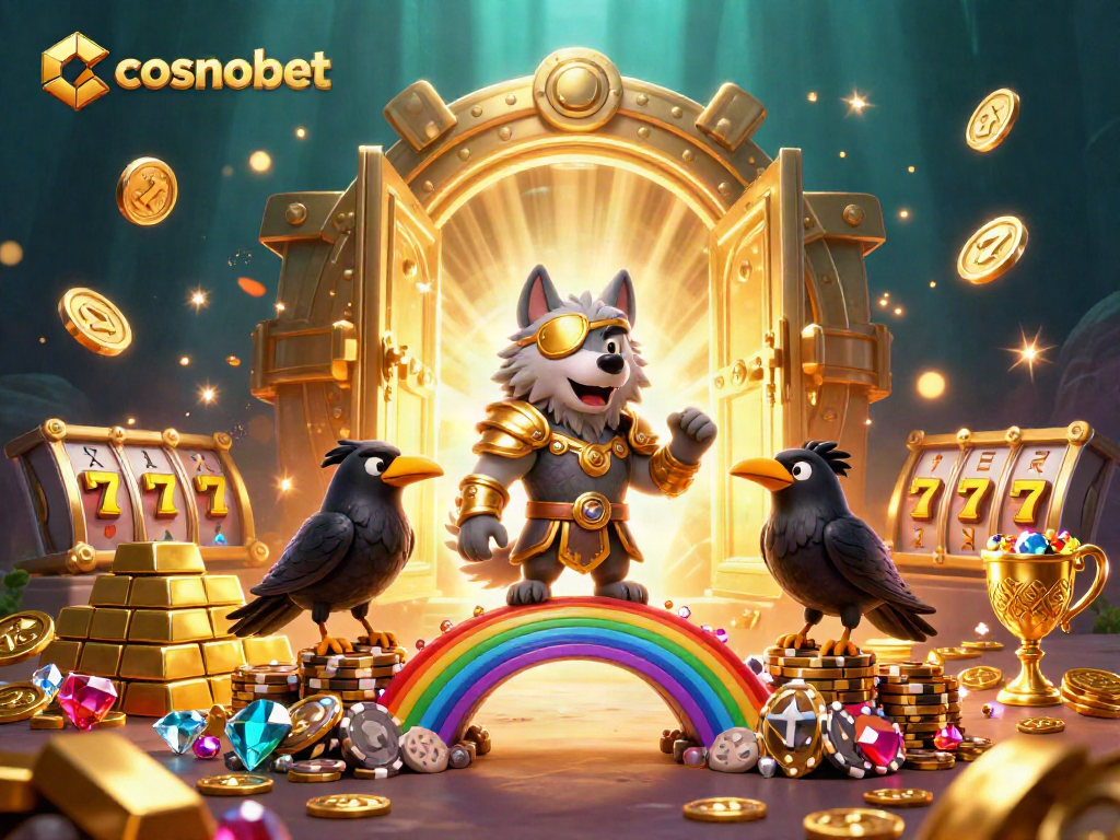 Experience excitement with cosmobet in a vibrant illustration filled with casino treasures and action.