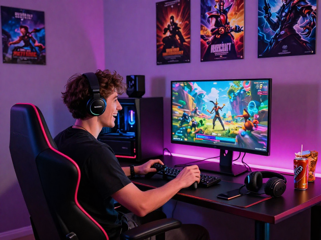 Engaged gamer enjoying a porngame with vibrant RGB lighting and snacks.