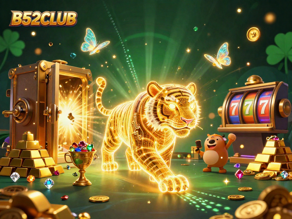 B52CLUB ignites the casino excitement with stunning golden visuals and lively slot action in this vibrant scene.