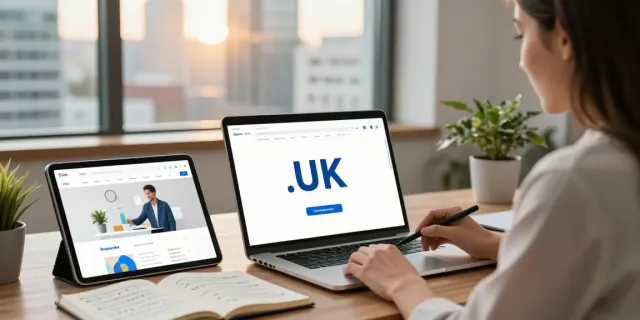 .uk domain registration process in action with a businesswoman using a laptop.