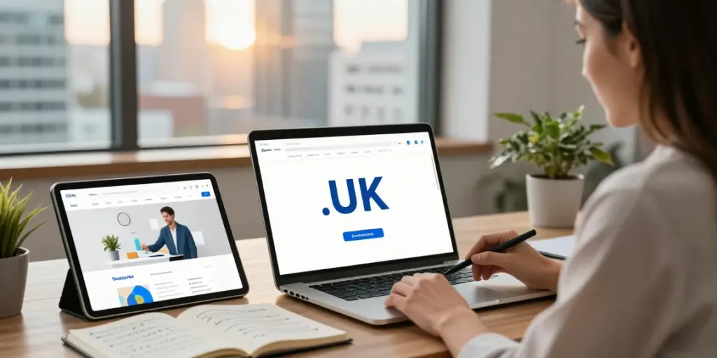 .uk domain registration process in action with a businesswoman using a laptop.