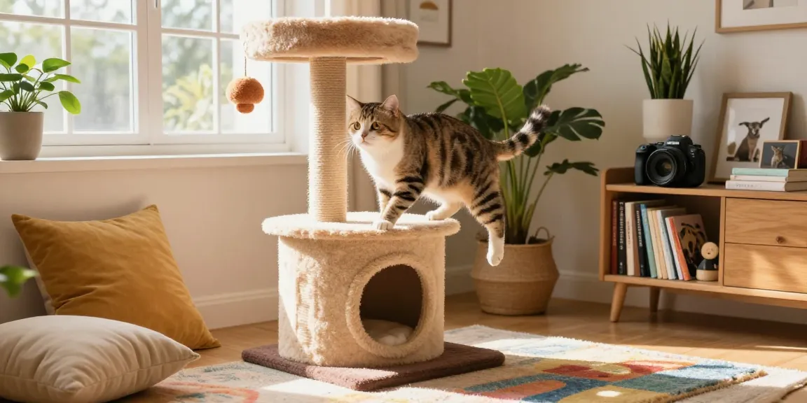 Playful cat on a stylish cat cat tree in a cozy home environment, showcasing fun and comfort.