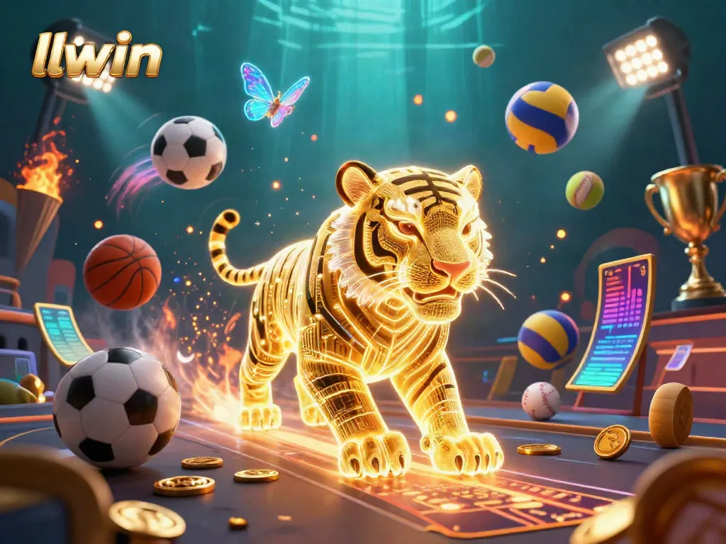 Engage with exciting LLWIN casino experiences, featuring a vibrant golden tiger and dynamic sports elements.