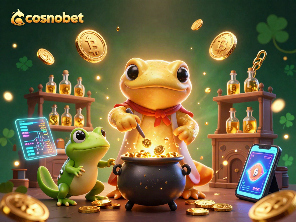 Experience cosmobet with a magical scene of a golden salamander alchemist turning base metals into gold.