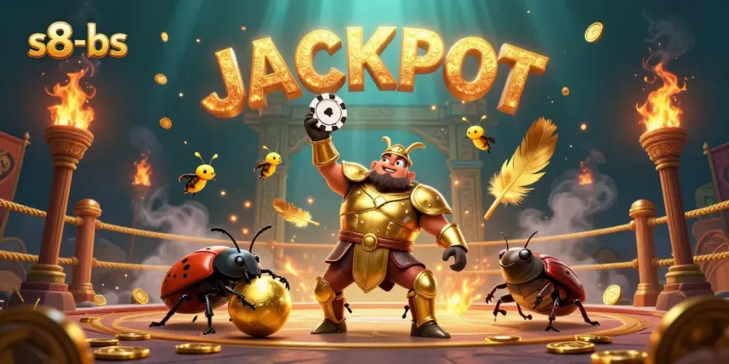 Experience the thrill of s8-bs with a victorious beetle and jackpot-themed elements in a vibrant 3D illustration.