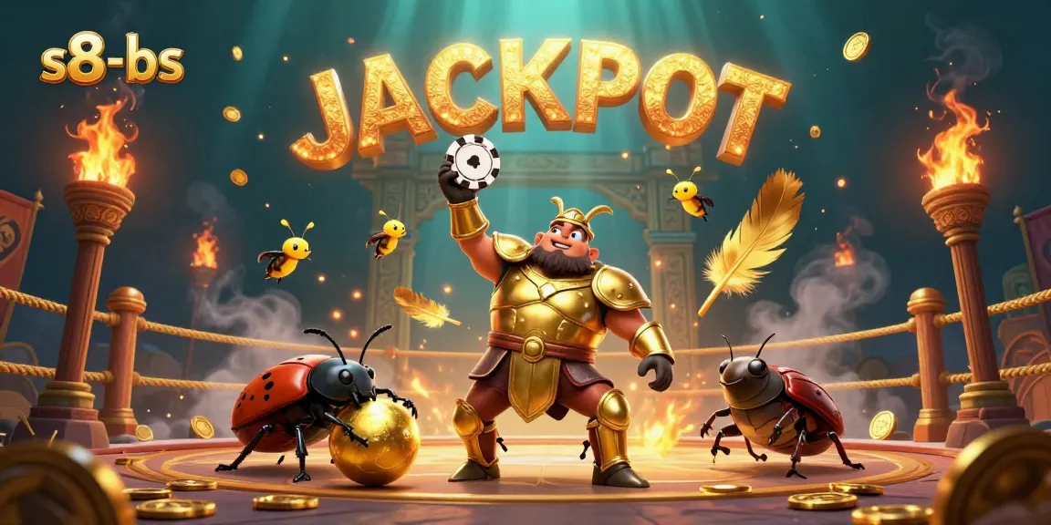 Experience the thrill of s8-bs with a victorious beetle and jackpot-themed elements in a vibrant 3D illustration.