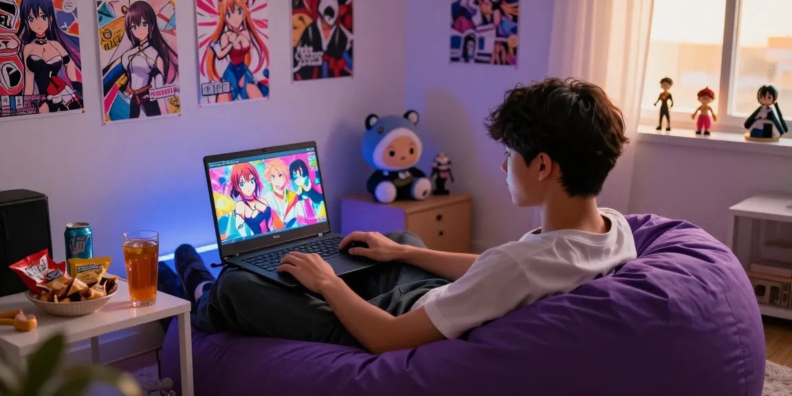 Gamer immersed in ecchi games on a laptop surrounded by cozy bedroom decor.