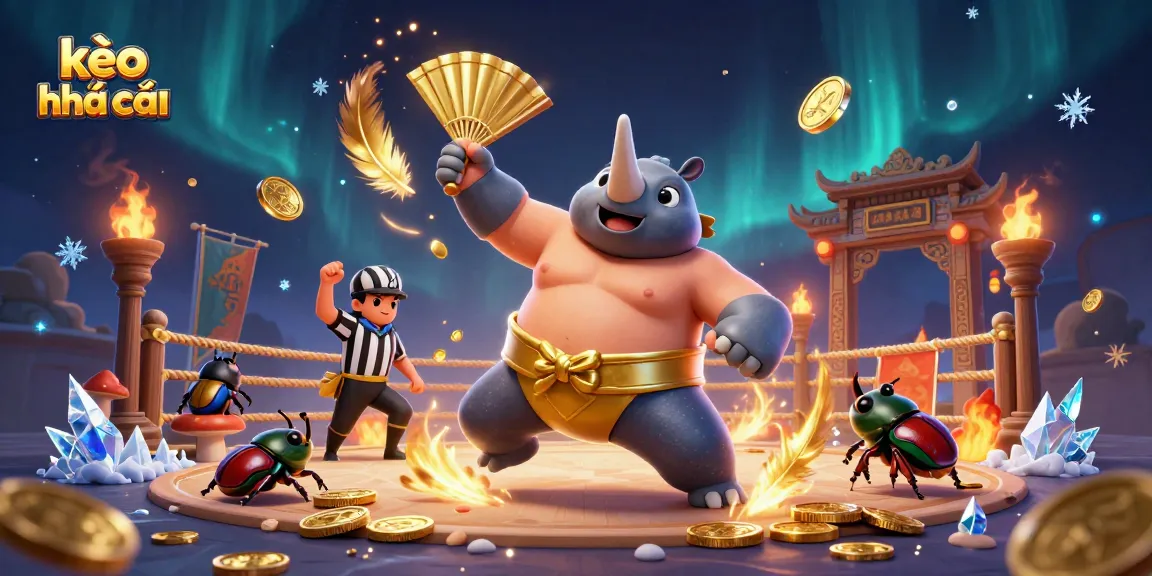 Engage with kèo nhà cái in a vibrant 3D gaming scene featuring a golden beetle champion.