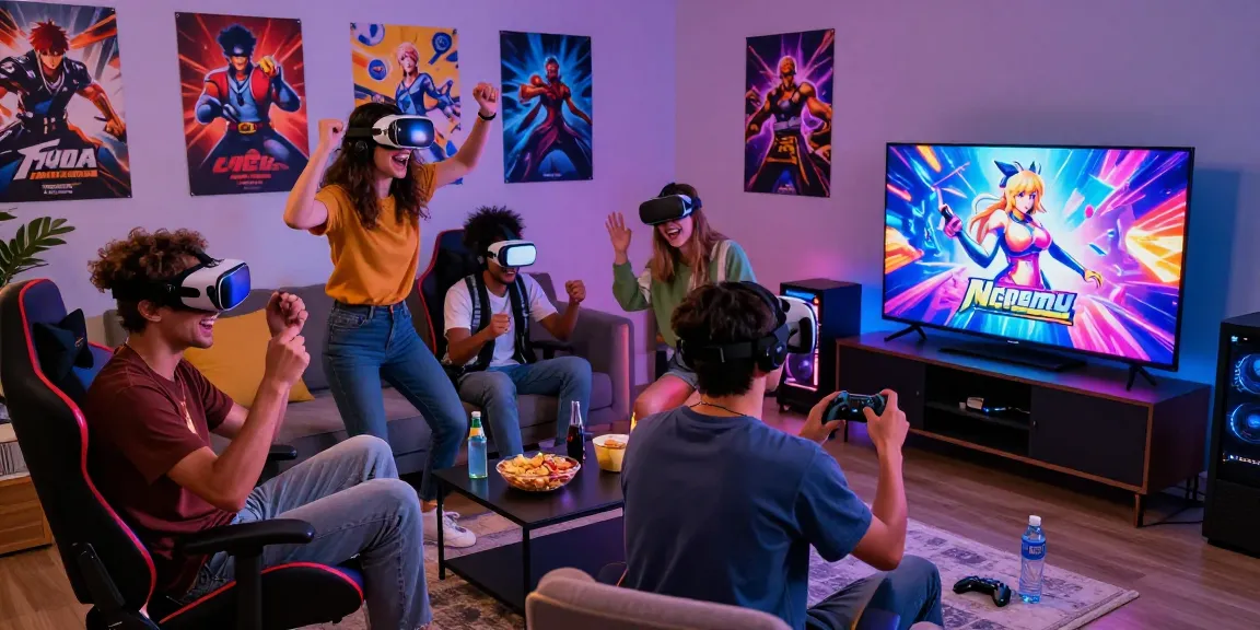 Friends enjoying a lively gaming session with a vibrant hentai game displayed, showcasing interactive and exciting moments.