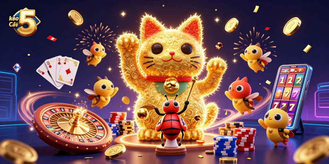 Experience kèo nhà cái 5 with a vivid 3D illustration showcasing casino excitement and winning symbols.