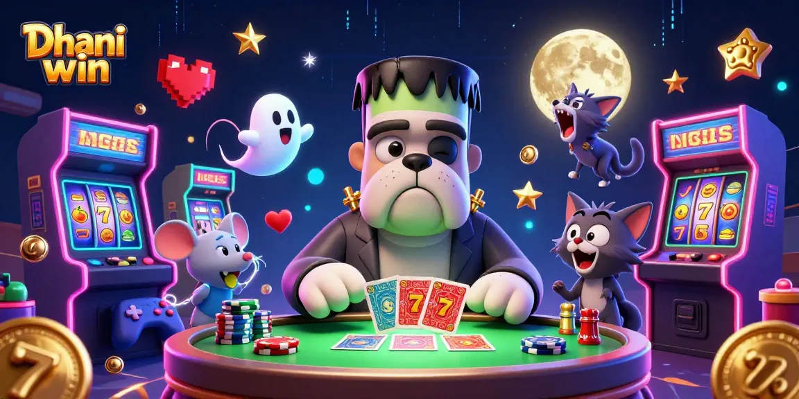 Dhani win's playful casino scene with a cartoon bulldog dealer, vibrant game machines, and rich graphics.