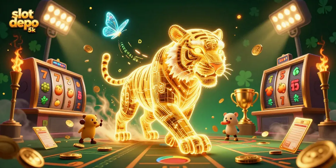 Play slot depo 5k in a vibrant and dynamic casino atmosphere filled with golden elements.