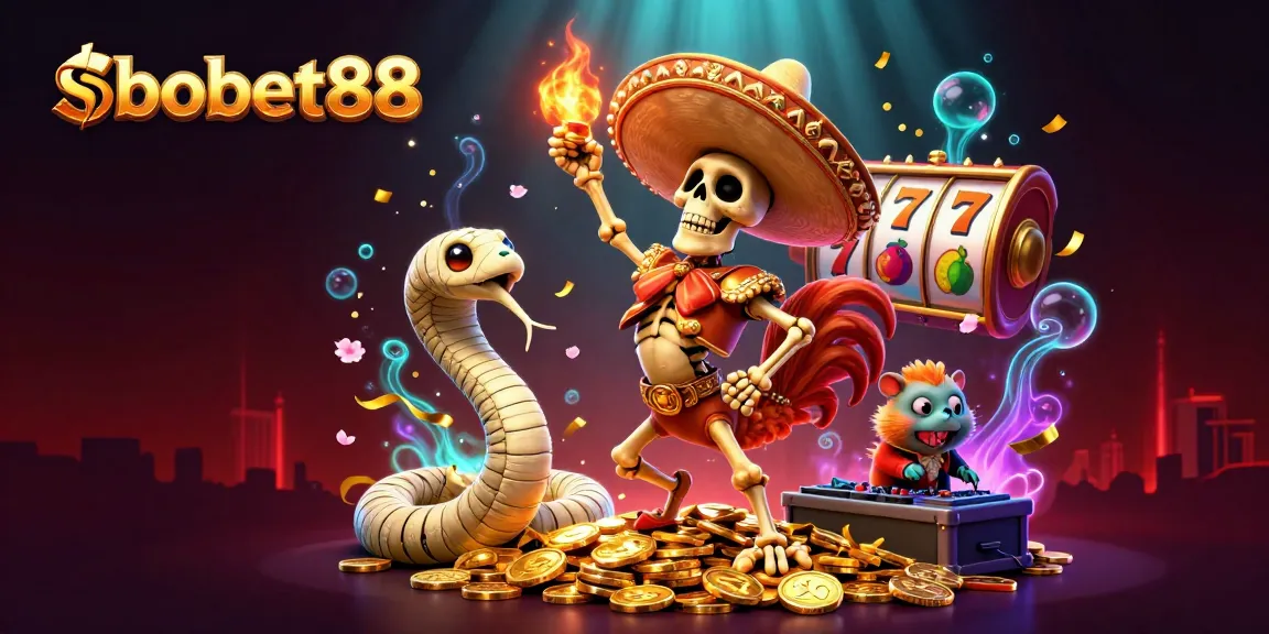 Experience sbobet88 vibes with a vibrant 3D casino celebration, featuring lively characters and gaming elements.