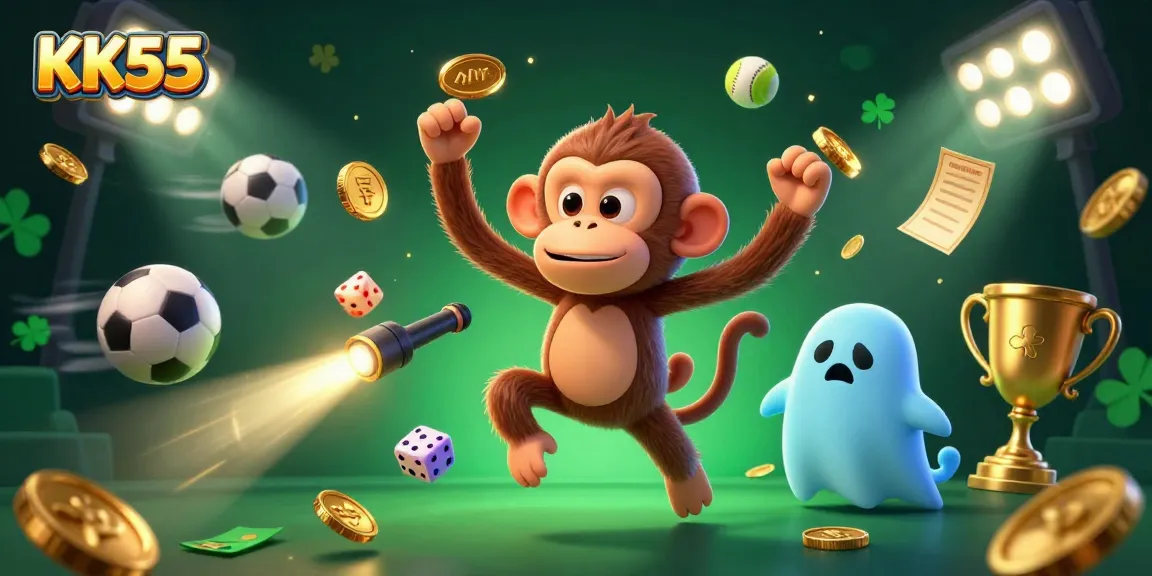 Engage with KK55's vibrant casino experience featuring a playful monkey juggling golden items.