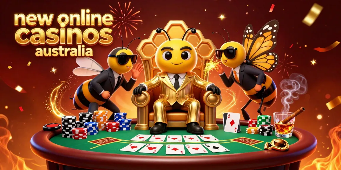 Engage with new online casinos Australia featuring a vibrant cartoon scene of a bee mob boss and wasp bodyguards.